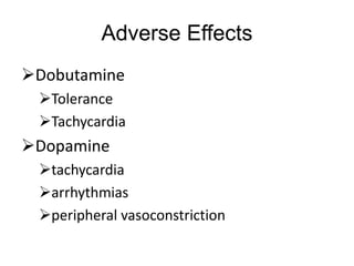 Adverse Effects
Dobutamine
Tolerance
Tachycardia
Dopamine
tachycardia
arrhythmias
peripheral vasoconstriction
 