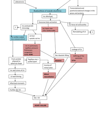 aldosterone

Reabsorbtion of water& electrolyte

Transcriptional and
posttranscriptional changes in the
genes and proteins

Inc afterload,
Excessive beta activation
1

Inc force of contractility

Inc preload (2025mmHg)

Inc cardiac output
(via compensation)

Inc heart rate
s/sx: tachycardia

LV End
systolic vol inc

Inc in pulmonary
capillary pressure
Pulmonary
congestion
(s/sx: DOB)
From prolate
ellipsoid to
spherical shape

Remodeling of LV

Leakage of Ca
Dec diastolic filling

Papillary msc r
pulled apart

dyspnea
Incomp of
mitral valve

Inc wall stress of LV
Mitral
regurgitation

LV wall thining

Afterload mismatch
Further dec SV

Dec CO

HEART FAILURE

Stiffning of the
ventricles
(s/sx:
arrhythmias)

1

 