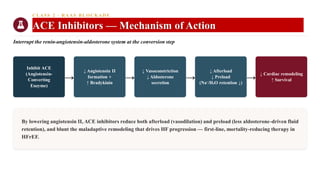 CLASS 2 · RAAS BLOCKADE
ACE Inhibitors — Mechanism of Action
Interrupt the renin-angiotensin-aldosterone system at the conversion step
Inhibit ACE
(Angiotensin-
Converting
Enzyme)
→
↓ Angiotensin II
formation +
↑ Bradykinin
→
↓ Vasoconstriction
↓ Aldosterone
secretion
→
↓ Afterload
↓ Preload
(Na⁺/H₂O retention ↓)
→
↓ Cardiac remodeling
↑ Survival
By lowering angiotensin II, ACE inhibitors reduce both afterload (vasodilation) and preload (less aldosterone-driven fluid
retention), and blunt the maladaptive remodeling that drives HF progression — first-line, mortality-reducing therapy in
HFrEF.
 