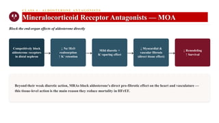 CLASS 4 · ALDOSTERONE ANTAGONIST S
Mineralocorticoid Receptor Antagonists — MOA
Block the end-organ effects of aldosterone directly
Competitively block
aldosterone receptors
in distal nephron
→
↓ Na⁺/H₂O
reabsorption
↑ K⁺ retention
→
Mild diuretic +
K⁺-sparing effect →
↓ Myocardial &
vascular fibrosis
(direct tissue effect)
→
↓ Remodeling
↑ Survival
Beyond their weak diuretic action, MRAs block aldosterone's direct pro-fibrotic effect on the heart and vasculature —
this tissue-level action is the main reason they reduce mortality in HFrEF.
 