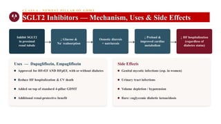 CLASS 6 · NEWEST PILLAR OF GDM T
SGLT2 Inhibitors — Mechanism, Uses & Side Effects
Inhibit SGLT2
in proximal
renal tubule
→
↓ Glucose &
Na⁺ reabsorption →
Osmotic diuresis
+ natriuresis →
↓ Preload &
improved cardiac
metabolism
→
↓ HF hospitalization
(regardless of
diabetes status)
Uses — Dapagliflozin, Empagliflozin
Approved for HFrEF AND HFpEF, with or without diabetes
Reduce HF hospitalization & CV death
Added on top of standard 4-pillar GDMT
Additional renal-protective benefit
Side Effects
Genital mycotic infections (esp. in women)
Urinary tract infections
Volume depletion / hypotension
Rare: euglycemic diabetic ketoacidosis
 