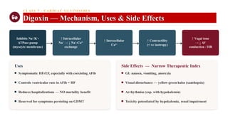 CLASS 7 · CARDIAC GLYCOSIDES
Digoxin — Mechanism, Uses & Side Effects
Inhibits Na⁺/K⁺-
ATPase pump
(myocyte membrane)
→
↑ Intracellular
Na⁺ → ↓ Na⁺-Ca²⁺
exchange
→
↑ Intracellular
Ca²⁺ →
↑ Contractility
(+ ve inotropy) →
↑ Vagal tone
→ ↓ AV
conduction / HR
Uses
Symptomatic HFrEF, especially with coexisting AFib
Controls ventricular rate in AFib + HF
Reduces hospitalizations — NO mortality benefit
Reserved for symptoms persisting on GDMT
Side Effects — Narrow Therapeutic Index
GI: nausea, vomiting, anorexia
Visual disturbance — yellow-green halos (xanthopsia)
Arrhythmias (esp. with hypokalemia)
Toxicity potentiated by hypokalemia, renal impairment
 