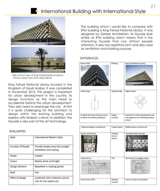 2 1
International Building with International Style
The building which I would like to compare with
RTM building is King Fahad National Library. It was
designed by Gerber Architekten. Its façade look
similar as RTM building which means that it has
interesting façade that can attract people
attention. It also has repetitive form and also used
as ventilation and shading purpose.
King Fahad National Library located in the
Kingdom of Saudi Arabia. It was completed
in November 2013. This project is important
for urban development in the country. Its
design functions as the main head to
accelerate behind the urban development.
They also need to rearrange the city. At first
it is quite challenging for the architect to
design within the existing building and
express with Arabian culture. In addition, the
façade is also part of the art technology.
Side & Front view of King Fahad National Library.
- Picture taken from Arch Daily (2014)
SIMILARITIES
DIFFERENCES
 