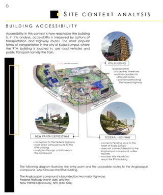 6
S I T E C O N T E X T A N A L Y S I S
Accessibility in this context is how reachable the building
is. In this analysis, accessibility is measured by options of
transportation and highway routes. The most popular
forms of transportation in the city of Kuala Lumpur, where
the RTM building is located in, are road vehicles and
public transport namely the train.
The following diagram illustrates the entry point and the accessible routes to the Angkasapuri
compound, which houses the RTM building.
The Angkasapuri compound is bounded by two major highways
Federal Highway (north side) and the
New Pantai Expressway, NPE (east side)
B U I L D I N G A C C E S S I B I L I T Y
 