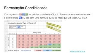 Formatação Condicionada
Conseguimos formatar as células da tabela (C9 a L17) comparando com um valor
de referência C3 ou a...