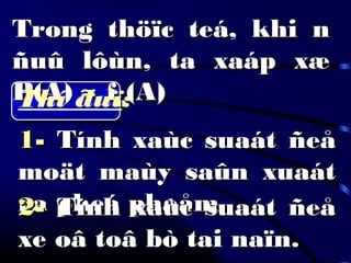 Trong thöïc teá, khi nTrong thöïc teá, khi n
ñuû lôùn, ta xaáp xæñuû lôùn, ta xaáp xæ
P(A)P(A) ≈≈ ffnn(A)(A)Thí duï:
1-1- Tính xaùc suaát ñeåTính xaùc suaát ñeå
moät maùy saûn xuaátmoät maùy saûn xuaát
ra pheá phaåmra pheá phaåm2-2- Tính xaùc suaát ñeåTính xaùc suaát ñeå
xe oâ toâ bò tai naïn.xe oâ toâ bò tai naïn.
 