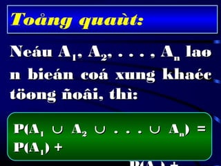 Toång quaùt:   
Neáu ANeáu A11, A, A22, . . . , A, . . . , Ann laølaø
n bieán coá xung khaécn bieán coá xung khaéc
töøng ñoâi, thì:töøng ñoâi, thì:
P(AP(A11 ∪∪ AA22 ∪∪ . . .. . . ∪∪ AAnn) =) =
P(AP(A11) +) +
 