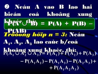  Neáu A vaø B laø haiNeáu A vaø B laø hai
bieán coá khoâng xungbieán coá khoâng xung
khaéc thì:khaéc thì:P(AP(A ∪∪ B) = P(A) + P(B)B) = P(A) + P(B) −−
P(AB)P(AB)
+−−−
++=∪∪
)AA(P)AA(P)AA(P
)A(P)A(P)A(P)AAA(P
323121
321321
)AAA(P 321+
Tröôøng hôïp n = 3:Tröôøng hôïp n = 3: NeáuNeáu
AA11, A, A22, A, A33 laø caùc b/coálaø caùc b/coá
khoâng xung khaéc, thì:khoâng xung khaéc, thì:
 