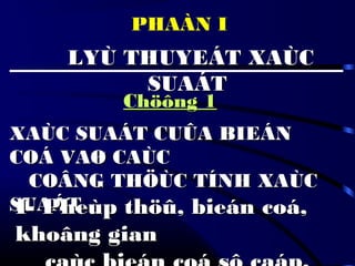 PHAÀN I
Chöông 1Chöông 1
LYÙ THUYEÁT XAÙCLYÙ THUYEÁT XAÙC
SUAÁTSUAÁT
XAÙC SUAÁT CUÛA BIEÁNXAÙC SUAÁT CUÛA BIEÁN
COÁ VAØ CAÙCCOÁ VAØ CAÙC
COÂNG THÖÙC TÍNH XAÙCCOÂNG THÖÙC TÍNH XAÙC
SUAÁTSUAÁTI- Pheùp thöû, bieán coá,I- Pheùp thöû, bieán coá,
khoâng giankhoâng gian
 