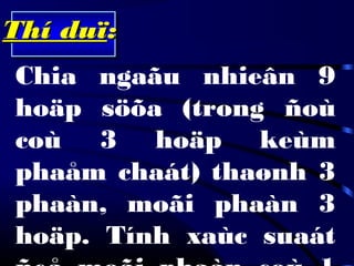 Chia ngaãu nhieân 9
hoäp söõa (trong ñoù
coù 3 hoäp keùm
phaåm chaát) thaønh 3
phaàn, moãi phaàn 3
hoäp. Tính xaùc suaát
Thí duïThí duï::
 