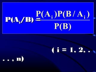 P(AP(Aii/B) =/B) =
( i = 1, 2, .( i = 1, 2, .
. . , n). . , n)
)B(P
)A/B(P)A(P ii
 