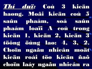 Thí duïThí duï:: Coù 3 kieänCoù 3 kieän
haøng. Moãi kieän coù 5haøng. Moãi kieän coù 5
saûn phaåm, soá saûnsaûn phaåm, soá saûn
phaåm loaïi A coù trongphaåm loaïi A coù trong
kieän 1, kieän 2, kieän 3kieän 1, kieän 2, kieän 3
töông öùng laø: 4, 3, 2.töông öùng laø: 4, 3, 2.
Choïn ngaãu nhieân moätChoïn ngaãu nhieân moät
kieän roài töø kieän ñaõkieän roài töø kieän ñaõ
choïn laáy ngaãu nhieân rachoïn laáy ngaãu nhieân ra
 