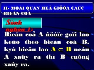 ÑònhÑònh
nghóa 1nghóa 1::
Bieán coá A ñöôïc goïi laøBieán coá A ñöôïc goïi laø
keùo theo bieán coá B,keùo theo bieán coá B,
kyù hieäu laøkyù hieäu laø AA ⊂⊂ BB neáuneáu
A xaûy ra thì B cuõngA xaûy ra thì B cuõng
xaûy ra.xaûy ra.
II- MOÁI QUAN HEÄ GIÖÕA CAÙCII- MOÁI QUAN HEÄ GIÖÕA CAÙC
BIEÁN COÁBIEÁN COÁ
 