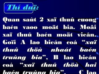 Thí duïThí duï::
Quan saùt 2 xaï thuû cuøngQuan saùt 2 xaï thuû cuøng
baén vaøo moät bia. Moãibaén vaøo moät bia. Moãi
xaï thuû baén moät vieân.xaï thuû baén moät vieân.
Goïi A laø bieán coá “Goïi A laø bieán coá “xaïxaï
thuû thöù nhaát baénthuû thöù nhaát baén
truùng biatruùng bia”, B laø bieán”, B laø bieán
coá “coá “xaï thuû thöù haixaï thuû thöù hai
 