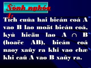 Ñònh nghóaÑònh nghóa
44::
Tích cuûa hai bieán coá ATích cuûa hai bieán coá A
vaø B laø moät bieán coá,vaø B laø moät bieán coá,
kkyù hieäu laø Ayù hieäu laø A ∩∩ BB
((hoaëc AB), bieán coáhoaëc AB), bieán coá
naøy xaûy ra khi vaø chænaøy xaûy ra khi vaø chæ
khi caû A vaø B xaûy ra.khi caû A vaø B xaûy ra.
 