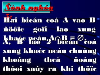 Ñònh nghóaÑònh nghóa
55::
Hai bieán coá A vaø BHai bieán coá A vaø B
ñöôïc goïi laø xungñöôïc goïi laø xung
khaéc neáu Akhaéc neáu A∩∩B =B = ∅∅..
A, B laø 2 bieán coáA, B laø 2 bieán coá
xung khaéc neáu chuùngxung khaéc neáu chuùng
khoâng theå ñoàngkhoâng theå ñoàng
thôøi xaûy ra khi thöïcthôøi xaûy ra khi thöïc
 