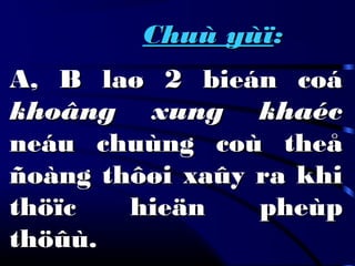 Chuù yùïChuù yùï::
A, B laø 2 bieán coáA, B laø 2 bieán coá
khoâng xung khaéckhoâng xung khaéc
neáu chuùng coù theåneáu chuùng coù theå
ñoàng thôøi xaûy ra khiñoàng thôøi xaûy ra khi
thöïc hieän pheùpthöïc hieän pheùp
thöûù.thöûù.
 