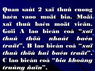 Quan saùt 2 xaï thuû cuøngQuan saùt 2 xaï thuû cuøng
baén vaøo moät bia. Moãibaén vaøo moät bia. Moãi
xaï thuû baén moät vieân.xaï thuû baén moät vieân.
Goïi A laø bieán coá “Goïi A laø bieán coá “xaïxaï
thuû thöù nhaát baénthuû thöù nhaát baén
traättraät”, B laø bieán coá “”, B laø bieán coá “xaïxaï
thuû thöù hai baén traätthuû thöù hai baén traät”,”,
C laø bieán coá “C laø bieán coá “bia khoângbia khoâng
truùng ñaïntruùng ñaïn”.”.
 