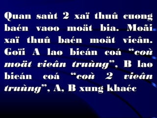 Quan saùt 2 xaï thuû cuøngQuan saùt 2 xaï thuû cuøng
baén vaøo moät bia. Moãibaén vaøo moät bia. Moãi
xaï thuû baén moät vieân.xaï thuû baén moät vieân.
Goïi A laø bieán coá “Goïi A laø bieán coá “coùcoù
moät vieân truùngmoät vieân truùng”, B laø”, B laø
bieán coá “bieán coá “coù 2 vieâncoù 2 vieân
truùngtruùng”, A, B xung khaéc”, A, B xung khaéc
 