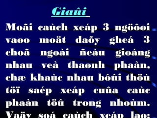 GiaûiGiaûi
Moãi caùch xeáp 3 ngöôøiMoãi caùch xeáp 3 ngöôøi
vaøo moät daõy gheá 3vaøo moät daõy gheá 3
choã ngoài ñeàu gioángchoã ngoài ñeàu gioáng
nhau veà thaønh phaàn,nhau veà thaønh phaàn,
chæ khaùc nhau bôûi thöùchæ khaùc nhau bôûi thöù
töï saép xeáp cuûa caùctöï saép xeáp cuûa caùc
phaàn töû trong nhoùm.phaàn töû trong nhoùm.
 