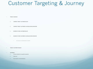 Customer Targeting & Journey

    TARGET AUDIENCE:



 

           CURRENT TARGET CUSTOMER BELIEF



 

           CURRENT TARGET CUSTOMER CLICKING/BUYING BEHAVIOR



 

           DESIRED FUTURE CUSTOMER BELIEF



 

           DESIRED FUTURE CUSTOMER CLICKING/BUYING BEHAVIOR



 
                   WHY SHOULD CUSTOMER BEHAVE THIS WAY?




    TARGET CUSTOMER INSIGHT:




    KEYWORDS:

           Previous website & competitor keywords

           Client list

           Post-analysis recommendations
 