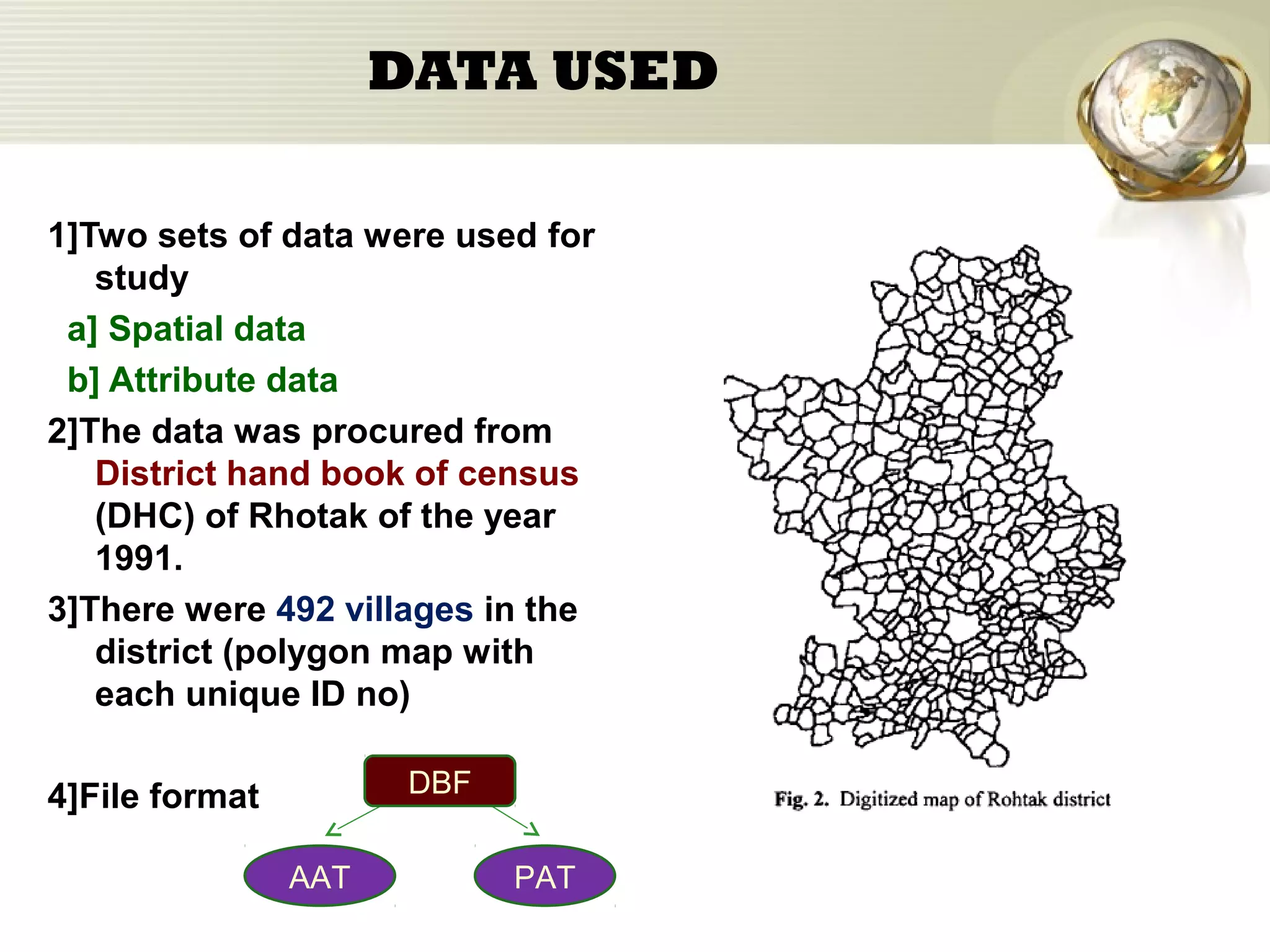 DATA USED
1]Two sets of data were used for
study
a] Spatial data
b] Attribute data
2]The data was procured from
District hand book of census
(DHC) of Rhotak of the year
1991.
3]There were 492 villages in the
district (polygon map with
each unique ID no)
4]File format
AAT PAT
DBF
 