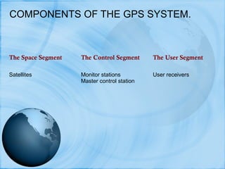 COMPONENTS OF THE GPS SYSTEM.
The Space Segment The Control Segment The User Segment
Satellites Monitor stations
Master control station
User receivers
 