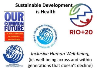 Sustainable Development
is Health
Inclusive Human Well-being,
(ie. well-being across and within
generations that doesn’t decline)
 