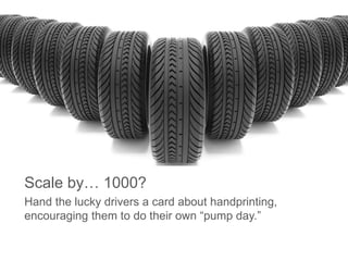 Scale by… 1000?
Hand the lucky drivers a card about handprinting,
encouraging them to do their own “pump day.”
 