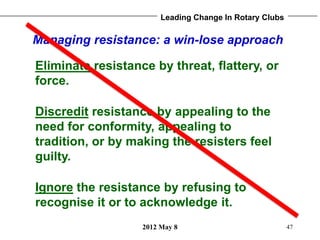 Leading Change In Rotary Clubs

Managing resistance: a win-lose approach

Eliminate resistance by threat, flattery, or
for...