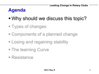 Leading Change In Rotary Clubs

Agenda
 Why should we discuss this topic?
 Types of changes
 Components of a planned ch...