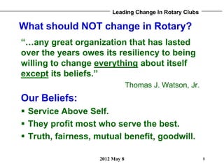 Leading Change In Rotary Clubs

What should NOT change in Rotary?
“…any great organization that has lasted
over the years ...
