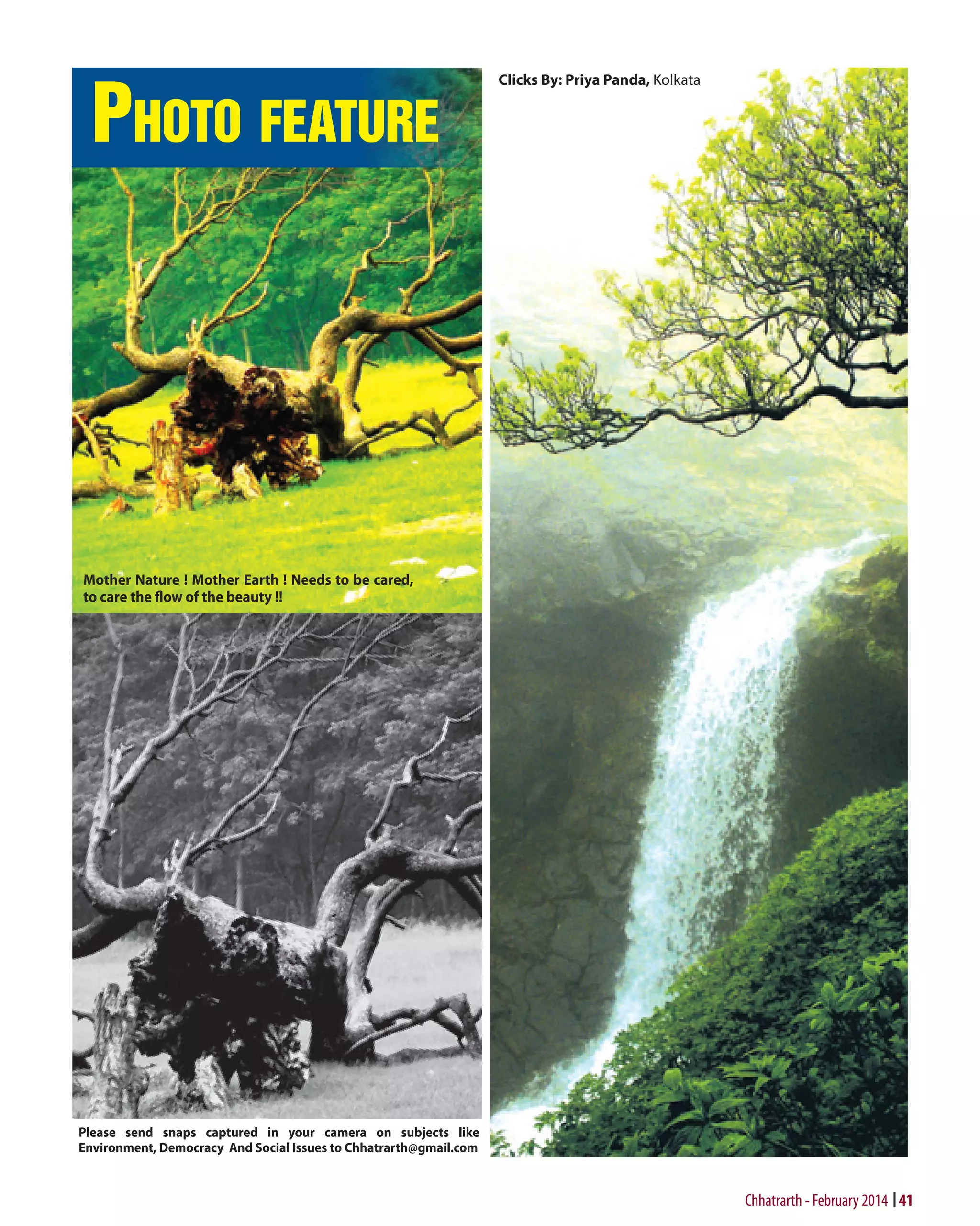 Photo feature

Clicks By: Priya Panda, Kolkata

Mother Nature ! Mother Earth ! Needs to be cared,
to care the flow of the beauty !!

Please send snaps captured in your camera on subjects like
Environment, Democracy And Social Issues to Chhatrarth@gmail.com

Chhatrarth - February 2014 41

 