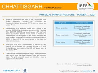 June 2014 2525FEBRUARY 2017
Segment Company name
Power generation
Chhattisgarh State Power
Generation Company Ltd
(CSPGCL)
Power transmission
Chhattisgarh State Power
Transmission Company Ltd
(CSPTCL)
Power supply
Chhattisgarh State Power
Distribution Company Ltd
(CSPDCL)
Power is generated in the state by the Chhattisgarh State
Power Generation Company Ltd (CSPGCL) and
independent power producers (IPPs) such as Lanco and
Jindal Power.
Chhattisgarh is an emerging power hub. It plans to add
another 30,000 MW of capacity during the 12th Five-Year
Plan (2012-17). GMR Group is setting up a 1,370 MW coal-
based supercritical thermal power project at Raikheda in
Chhattisgarh. The first phase of the project with 685 MW
was installed in October 2014 and commissioned in March
2015. In March 2016, the second phase of the plant was
also commissioned.
In August 2016, BHEL commissioned its second 500 MW
thermal unit at Marwa TPP. Similarly, in July 2015, ACB
(India) Limited commissioned its 300 MW power plant at
Bandakhar TPP.
The state has declared renewable energy power generation
as a priority under the State Industrial Policy, and estimates
solar PV grid potential based on identified sites at
approximately 1,000 MW.
For updated information, please visit www.ibef.org
PHYSICAL INFRASTRUCTURE – POWER … (2/2)
CHHATTISGARH THE MINERAL BASKET
Source: Central Electricity Authority, News Article, Chhattisgarh
Economic Survey 2014-15
 