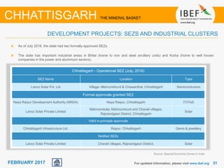 June 2014 3131FEBRUARY 2017 For updated information, please visit www.ibef.org
As of July 2016, the state had two formally-approved SEZs.
The state has important industrial areas in Bhilai (home to iron and steel ancillary units) and Korba (home to well known
companies in the power and aluminium sectors).
Source: Special Economic Zones in India
CHHATTISGARH THE MINERAL BASKET
DEVELOPMENT PROJECTS: SEZS AND INDUSTRIAL CLUSTERS
Chhattisgarh - Operational SEZ (July, 2016)
SEZ Name Location Type
Lanco Solar Pvt. Ltd Village- Mehrumkhurd & Chawardhal, Chhattisgarh Semiconductors
Formal approvals granted SEZ
Naya Raipur Development Authority (NRDA) Naya Raipur, Chhattisgarh IT/ITeS
Lanco Solar Private Limited
Mahroomkala, Mahroomkurd and Chaveli villages,
Rajnandgaon District, Chhattisgarh
Solar
Valid in-principle approvals
Chhattisgarh Infrastructure Ltd. Raipur, Chhattisgarh Gems & jewellery
Notified SEZs
Lanco Solar Private Limited Chaveli villages, Rajnandgaon District, Solar
 