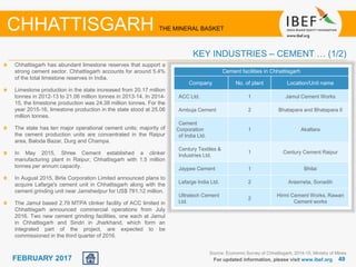 June 2014 4949FEBRUARY 2017 For updated information, please visit www.ibef.org
KEY INDUSTRIES – CEMENT … (1/2)
CHHATTISGARH THE MINERAL BASKET
Source: Economic Survey of Chhattisgarh, 2014-15, Ministry of Mines
Cement facilities in Chhattisgarh
Company No. of plant Location/Unit name
ACC Ltd. 1 Jamul Cement Works
Ambuja Cement 2 Bhatapara and Bhatapara II
Cement
Corporation
of India Ltd.
1 Akaltara
Century Textiles &
Industries Ltd.
1 Century Cement Raipur
Jaypee Cement 1 Bhilai
Lafarge India Ltd. 2 Arasmeta, Sonadih
Ultratech Cement
Ltd.
2
Hirmi Cement Works, Rawan
Cement works
Chhattisgarh has abundant limestone reserves that support a
strong cement sector. Chhattisgarh accounts for around 5.4%
of the total limestone reserves in India.
Limestone production in the state increased from 20.17 million
tonnes in 2012-13 to 21.06 million tonnes in 2013-14. In 2014-
15, the limestone production was 24.38 million tonnes. For the
year 2015-16, limestone production in the state stood at 25.06
million tonnes.
The state has ten major operational cement units; majority of
the cement production units are concentrated in the Raipur
area, Baloda Bazar, Durg and Champa.
In May 2015, Shree Cement established a clinker
manufacturing plant in Raipur, Chhattisgarh with 1.5 million
tonnes per annum capacity.
In August 2015, Birla Corporation Limited announced plans to
acquire Lafarge's cement unit in Chhattisgarh along with the
cement grinding unit near Jamshedpur for US$ 781.12 million.
The Jamul based 2.79 MTPA clinker facility of ACC limited in
Chhattisgarh announced commercial operations from July
2016. Two new cement grinding facilities, one each at Jamul
in Chhattisgarh and Sindri in Jharkhand, which form an
integrated part of the project, are expected to be
commissioned in the third quarter of 2016.
 