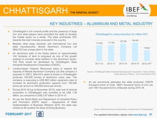 June 2014 5757FEBRUARY 2017
Chhattisgarh’s rich mineral profile and the presence of large
iron and steel players have prompted the state to develop
the metals sector as a whole. The state contributes 16%
towards the total minerals produced in the country.
Besides other large domestic and international iron and
steel manufacturers, Bharat Aluminium Company Ltd
(BALCO) has a large plant in the state.
An aluminium park in the Korba district on approximately
140 hectares of land is proposed as one of the growth
engines to promote value addition in the aluminium sector.
The Park would be developed by Chhattisgarh State
Industrial Development Corporation (CSIDC).
London-based Vedanta Resources plans to expand the
capacity of Bharat Aluminium Company Ltd (the company it
acquired in 2001). BALCO’s plant at Korba in Chhattisgarh
produces 100,000 tonnes of aluminium every year. The
company is executing a US$ 863 million expansion plan to
increase its aluminium production capacity from 100,000
tonne per annum to 345,000 tonne per annum.
During 2015-16 (up to November 2015), total cost of mineral
production in Chhattisgarh was recorded to be US$ 1.38
billion, as compared to US$ 2.97 billion in 2014-15.
As per the World Bank and Department of Industrial Policy
and Promotion (DIPP) report - Assessment of State
Implementation of Business Reforms 2016, the state was
ranked at 4th position for Ease of Doing Business.
For updated information, please visit www.ibef.org
KEY INDUSTRIES – ALUMINIUM AND METAL INDUSTRY
CHHATTISGARH THE MINERAL BASKET
Source: Chhattisgarh State Industrial Development Corporation, News articles,
Indian Bureau of Mines, 1Up to November 2015
Chhattisgarh’s coal production (in million MT)
113.92 117.83
127.09 134.40
78.82
2011-12 2012-13 2013-14 2014-15 2015-16⁽¹⁾
As per provisional estimates the state produced 128278
thousand tonne of Coal; 19041 thousand tonne of Iron ore
and 1981 thousand tonne of Bauxite during 2015-16.
Source: Mineral Resource Department, Government of Chhattisgarh
 