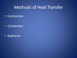 Methods of Heat Transfer
• Conduction
• Convection
• Radiation
 