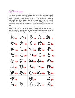 chữ Hiragana
Học chữ Hiragana
Học chữ là bước đầu tiên trong quá trình học tiếng Nhật, nều phần chữ viết
không vững thì bạn không thể tiến xa hơn trong quá trình học tiếng Nhật.
Khi học bảng chữ cái bạn phải bắt đầu học từ bộ chữ Hiragana. Nhiều bạn
khi bắt đầu học tiếng Nhật đều than rằng sao chữ viết tiếng Nhật khó thế,
và bắt đầu nản chí. Đó là do các bạn chưa tìm ra cách học chữ vừa vui vẻ,
vừa dễ nhớ. Bây giờ mình sẽ hướng dẫn các bạn học bảng chữ cái Hiragana
nhé.
Khi học chữ, các bạn cần học nhớ mặt chữ trước, sau đó mới học viết và
cuối cùng là ghép chữ thành từ để đọc, học chắc từng bước, bạn sẽ nhớ rất
nhanh và nhớ kỹ chứ không phải như học vẹt, học trước quên sau.
あ a い i う u え e お o
かka き ki くku けke こko
さsa しshi すsu せse そso
たta ちchi つtsu て te と to
なna にni ぬnu ねne のno
はha ひhi ふfu へhe ほho
まma みmi むmu めme もmo
やya ゆyu よyo
らra りri るru れre ろro
 