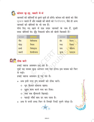 99
dks;y owQ&owQ] cdjh esa&esa
tkuojksa dh cksfy;k¡ rks rqeus lquh gh gksaxhA dks;y dh cksyh dks tSls
owQduk dgrs gSa vkSj eD[kh dh cksyh dks fHkufHkukuk] oSls gh vU;
tkuojksa dh cksfy;ksa osQ Hkh uke gSaA
uhps fn, x, [kkus esa ,d rji
- Q tkuojksa osQ uke gSa] nwljh
rji
- Q cksfy;ksa osQA <w¡<+ fudkyks dkSu&lh cksyh fdldh gS
Bhd djks
gokbZ tgk”k vkleku mM+ jgk gSA
rqEgsa ;g okD; oqQN vViVk yx jgk gksxkA bl okD; dks fiQj
ls i<+ksA
gokbZ tgk”k vkleku esa mM+ jgk gSA
l vc blh rjg bu okD;ksa dks Bhd djksA
² /wi cSBdj <ksdyk [kk;kA
² iqrqy dke djus euk dj fn;kA
² yrk lc ew¡xiQyh f[kykbZA
² igkM+h xk¡oksa ck?k Mj cuk jgrk gSA
l vc os lHkh 'kCn fiQj ls fy[kks ftUgsa rqeus tksM+k gSA
tkuoj cksfy;k¡ tkuoj cksfy;k¡
HkSal fefe;kuk 'ksj jsaduk
?kksM+k j¡Hkkuk x/k j¡Hkkuk
gkFkh fpa?kkM+uk xk; HkkSaduk
cdjh fgufgukuk oqQÙkk ngkM+uk
2020-21
 