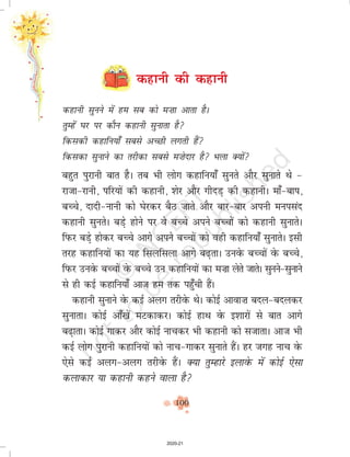 100
dgkuh dh dgkuh
dgkuh lquus esa ge lc dks e”kk vkrk gSA
rqEgsa ?kj ij dkSu dgkuh lqukrk gS
fdldh dgkfu;k¡ lcls vPNh yxrh gSa
fdldk lqukus dk rjhdk lcls e”ksnkj gS Hkyk D;ksa
cgqr iqjkuh ckr gSSA rc Hkh yksx dgkfu;k¡ lqurs vkSj lqukrs Fks &
jktk&jkuh] ifj;ksa dh dgkuh] 'ksj vkSj xhnM+ dh dgkuhA ek¡&cki]
cPps] nknh&ukuh dks ?ksjdj cSB tkrs vkSj ckj&ckj viuh euilan
dgkuh lqursA cM+s gksus ij os cPps vius cPpksa dks dgkuh lqukrsA
fiQj cM+s gksdj cPps vkxs vius cPpksa dks ogh dgkfu;k¡ lqukrsA blh
rjg dgkfu;ksa dk ;g flyflyk vkxs c<+rkA muosQ cPpksa osQ cPps]
fiQj muosQ cPpksa osQ cPps mu dgkfu;ksa dk e”kk ysrs tkrsA lquus&lqukus
ls gh dbZ dgkfu;k¡ vkt ge rd igq¡ph gSaA
dgkuh lqukus osQ dbZ vyx rjhosQ FksA dksbZ vkok”k cny&cnydj
lqukrkA dksbZ vk¡[ksa eVdkdjA dksbZ gkFk osQ b'kkjksa ls ckr vkxs
c<+krkA dksbZ xkdj vkSj dksbZ ukpdj Hkh dgkuh dks ltkrkA vkt Hkh
dbZ yksx iqjkuh dgkfu;ksa dks ukp&xkdj lqukrs gSaA gj txg ukp osQ
,sls dbZ vyx&vyx rjhosQ gSaA D;k rqEgkjs bykosQ esa dksbZ ,slk
dykdkj ;k dgkuh dgus okyk gS
2020-21
 