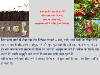 जजस प्रकार धरती में बोया गया बीज जवजिन्न रसायनों – हवा, पानी, खाद आजद को पीकर स्वयं
को गला देता है और उसमें से अंकुर, पत्ते और पुष्प फूट पड़ते हैं; उसी प्रकार कजव के मन में उठे
हुए िाव कल्पना रूपी रसायन को पीकर उस िाव को अहंमुक्त कर लेते हैं, सववजन का जवषय बना
डालते हैं, सबकी अनुिूजत बना डालते हैं। तब शब्द रूपी अंकुर फूटते हैं।
कजवता िाव रूपी पत्तों और पुष्पों से लदकर जवशेष रूप से झुक जाती है। वह सबके जलए समजपवत
हो जाती है।
कल्पना के रसायनों को पी
बीज गल गया नन:शेष;
शब्द के अंकु र फू टे,
पल्लव-पुष्पों से ननमत हुआ नवशेष।
 