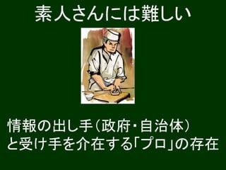 情報の出し手（政府・自治体）
と受け手を介在する「プロ」の存在
素人さんには難しい
 