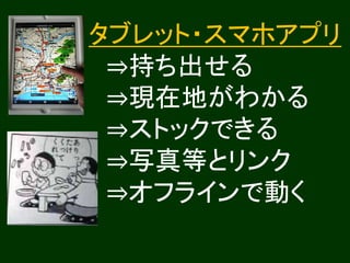 タブレット・スマホアプリ
⇒持ち出せる
⇒現在地がわかる
⇒ストックできる
⇒写真等とリンク
⇒オフラインで動く
 
