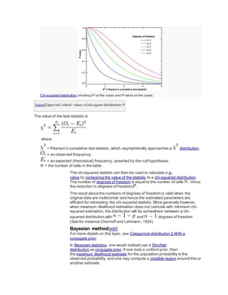 Chi-squared distribution,showing X2
on the x-axis and P-value on the y-axis.
[show]Upper-tail critical values of chi-square distribution [3]
The value of the test-statistic is
where
= Pearson's cumulative test statistic, which asymptotically approaches a distribution.
= an observed frequency;
= an expected (theoretical) frequency, asserted by the null hypothesis;
= the number of cells in the table.
The chi-squared statistic can then be used to calculate a p-
value by comparing the value of the statistic to a chi-squared distribution.
The number of degrees of freedom is equal to the number of cells , minus
the reduction in degrees of freedom, .
The result about the numbers of degrees of freedom is valid when the
original data are multinomial and hence the estimated parameters are
efficient for minimizing the chi-squared statistic. More generally however,
when maximum likelihood estimation does not coincide with minimum chi-
squared estimation, the distribution will lie somewhere between a chi-
squared distribution with and degrees of freedom
(See for instance Chernoff and Lehmann, 1954).
Bayesian method[edit]
For more details on this topic, see Categorical distribution § With a
conjugate prior.
In Bayesian statistics, one would instead use a Dirichlet
distribution as conjugate prior. If one took a uniform prior, then
the maximum likelihood estimate for the population probability is the
observed probability, and one may compute a credible region around this or
another estimate.
 