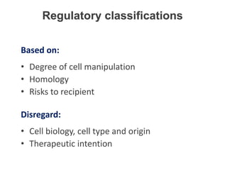 Based on:
• Degree of cell manipulation
• Homology
• Risks to recipient
Disregard:
• Cell biology, cell type and origin
• Therapeutic intention
Regulatory classifications
 