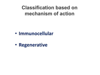 • Immunocellular
• Regenerative
Classification based on
mechanism of action
 