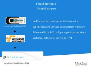 Cloud Biolinux
                                        The Biolinux part



                                 ●   an Ubuntu Linux desktop for bioinformatics
tinyurl.com/BioLinux-NEBC        ●   NEBC packaged software and maintains repository

           +                     ●   Ubuntu AMI on EC2, pull packages from repository

                                 ●   additional software of interest to JCVI



           =


tinyurl.com/CloudBioLinux-JCVI
 