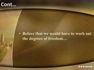 Cont…
• Before that we would have to work out
the degrees of freedom…
 