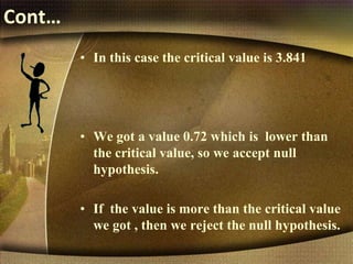 Cont…
• In this case the critical value is 3.841
• We got a value 0.72 which is lower than
the critical value, so we accept null
hypothesis.
• If the value is more than the critical value
we got , then we reject the null hypothesis.
 